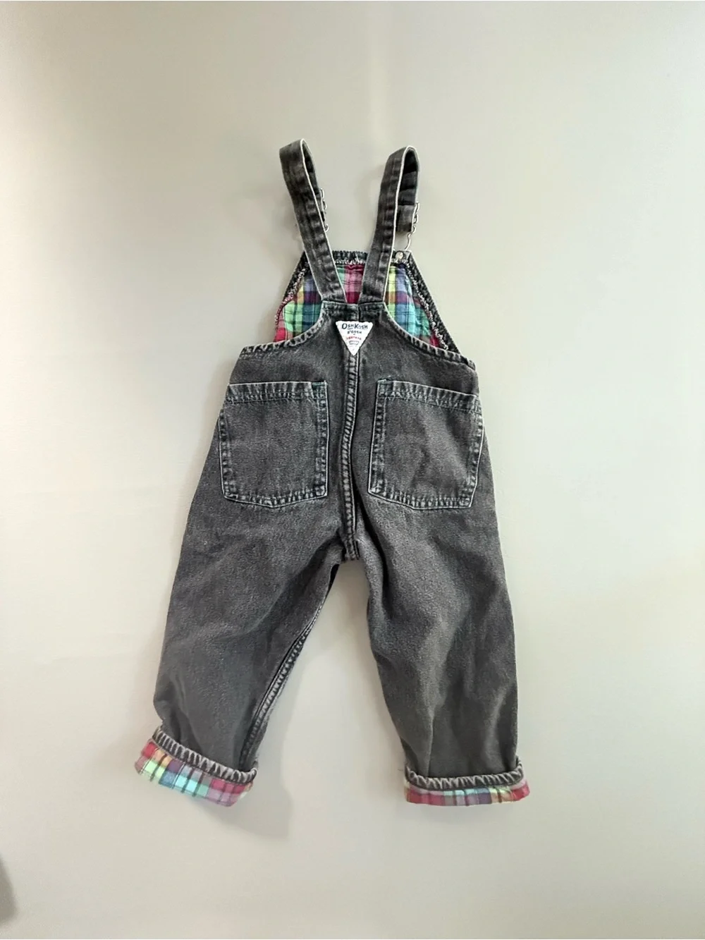 Vintage Oshkosh 80s Overalls Black Wash with Plaid Appliqué & Lining size 3T